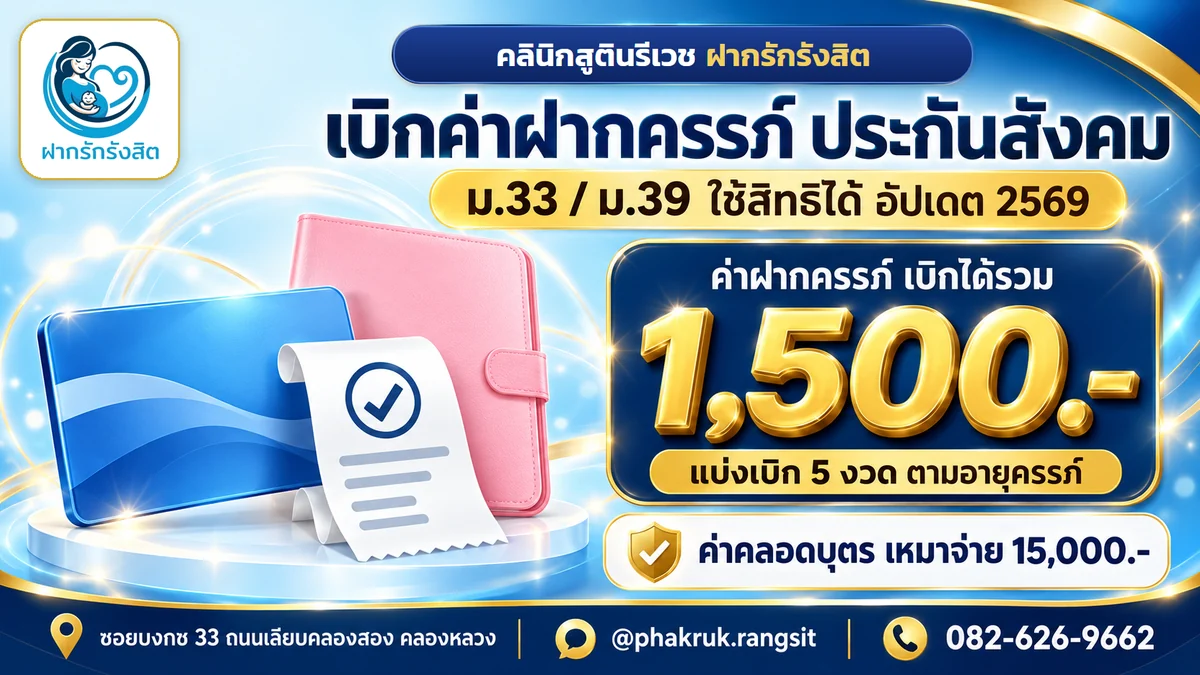 เบิกค่าฝากครรภ์ประกันสังคม 1,500 บาท แบ่ง 5 งวด ค่าคลอด 15,000 บาท ม.33 ม.39 — ฝากครรภ์ รังสิต